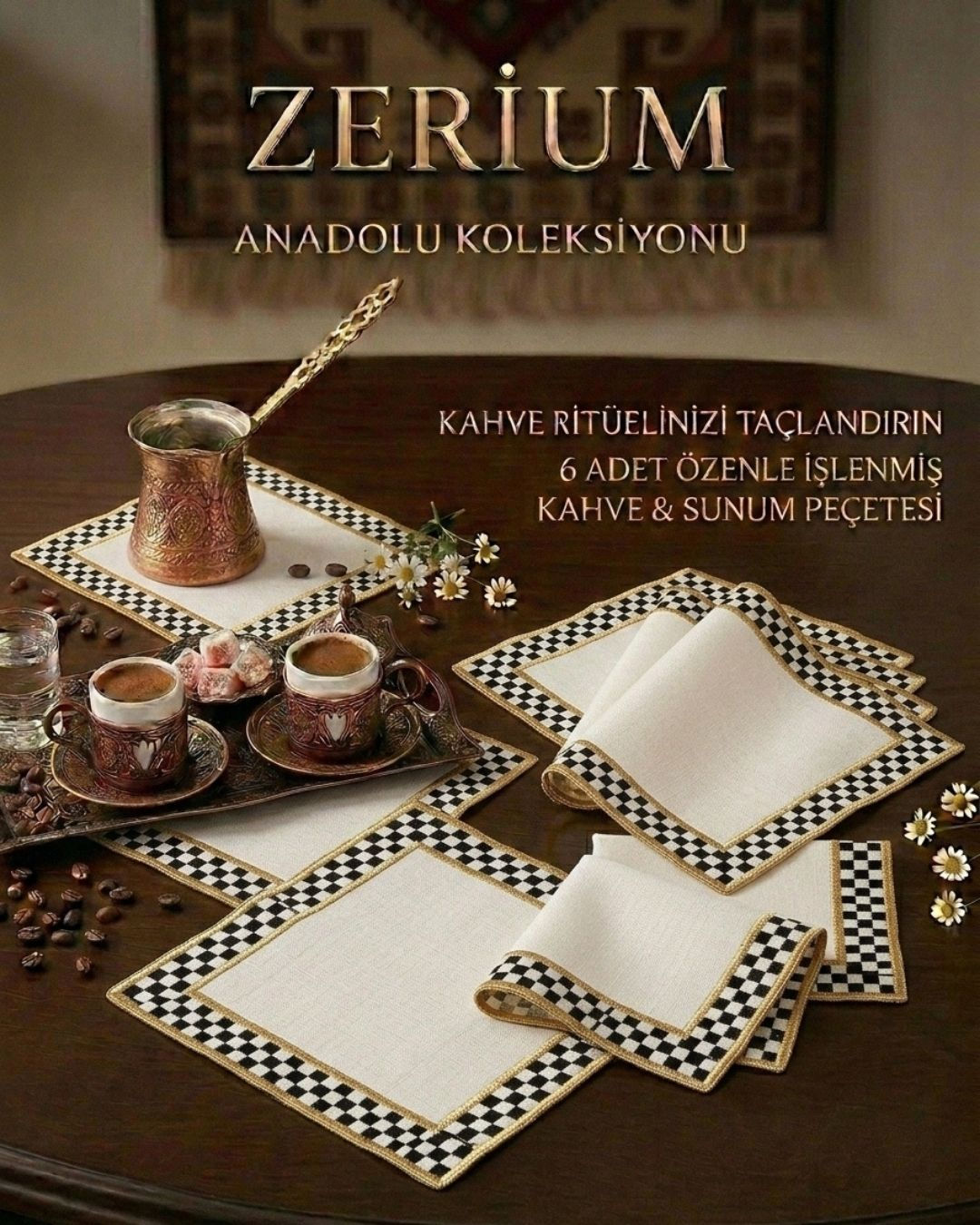Premium 6’lı Kokteyl ve Kahve Altı Sunum Peçetesi Siyah Beyaz Dama Motifli