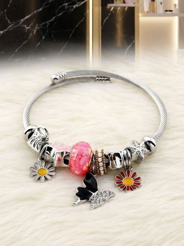 Thumbnail: Modern Çelik Şık Kadın Charm Çelik Bileklik Renkli Çiçekler ve Kelebek