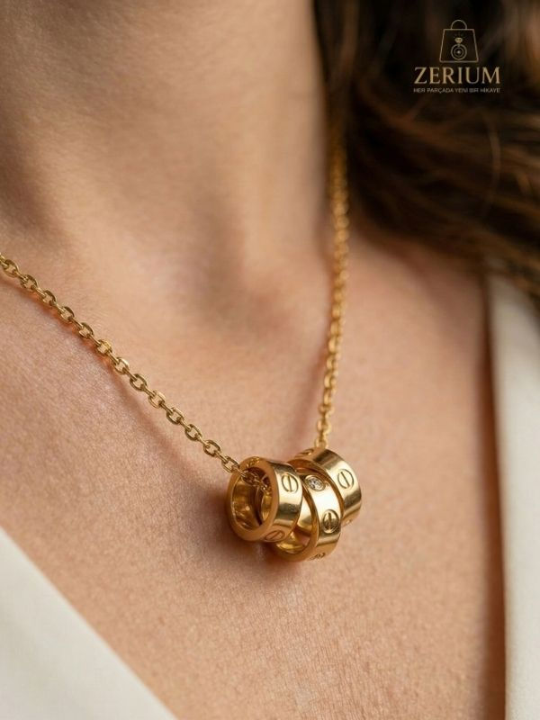 Thumbnail: Üçlü Geçmeli Geometrik Halka Figürlü Çelik Kolye Altın Renk Modern Premium