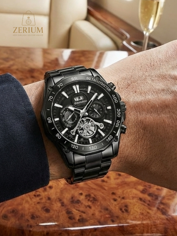 Küçük resim: Erkek Şık Siyah Çelik Saat 3ATM Kuvars Takvimli Luminous Aydınlatmalı