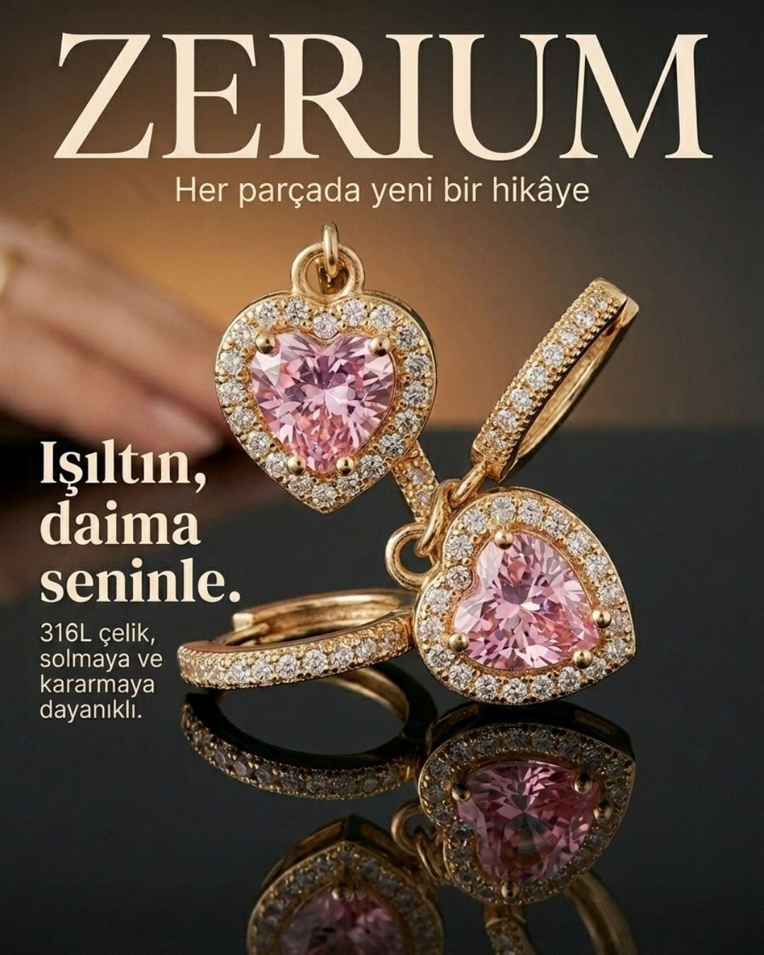 Kadın Minimalist Sallantılı Çelik Küpe Pembe Kuvars Kalpli 2,5 cm Gold