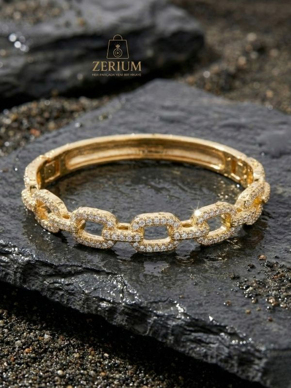 Küçük resim: Zirkon Taşlı Zincir Model Çelik Kelepçe Bileklik