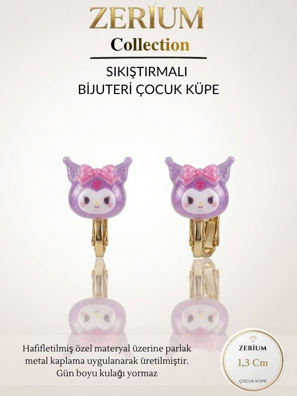 Küçük resim: Kız Çocuk Sıkıştırmalı Küpe – Deliksiz Kulaklar İçin Kuromi Figürlü