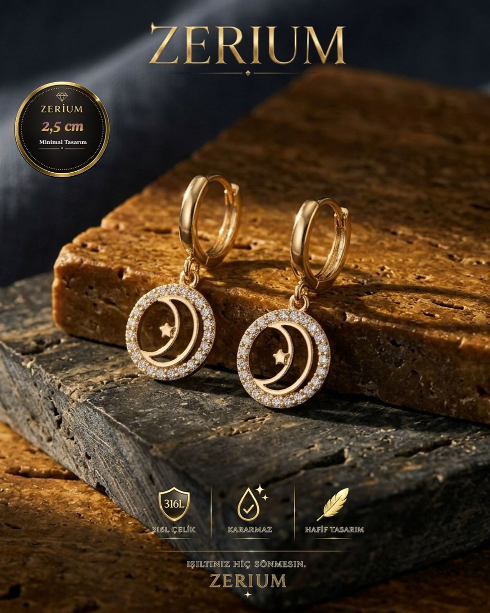 Küçük resim: Kadın Minimalist Sallantılı Çelik Küpe Ay Yıldız Figürlü Zirkon 2,5 Cm