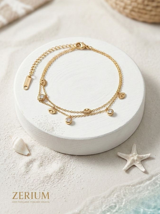 Küçük resim: Nazar Gözlü Çelik Kadın Halhal Çift Zincir Tasarım