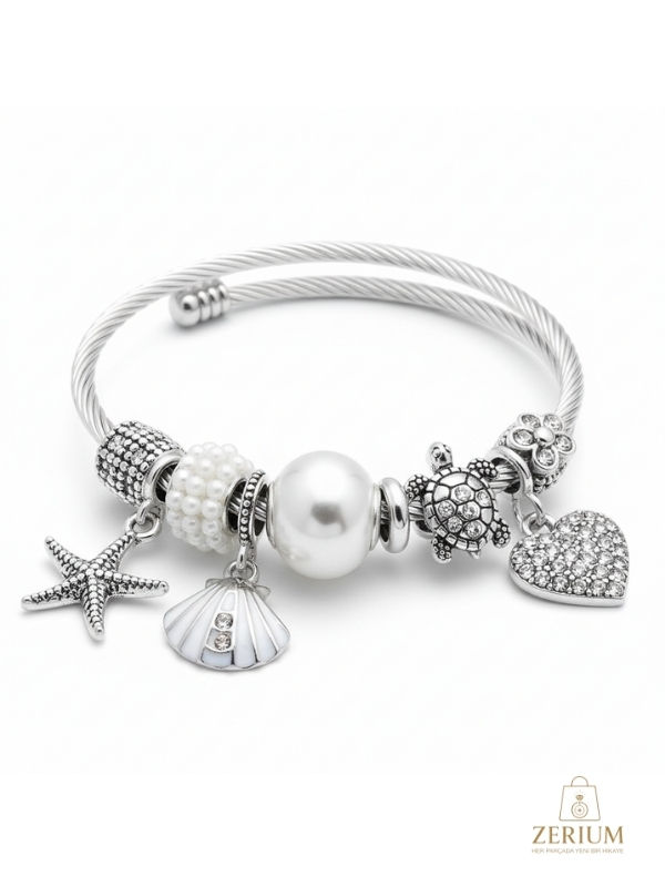 Thumbnail: Modern Çelik Şık Kadın Charm Bileklik Kalp Denızyıldızı ve Kabuğu Figürlü