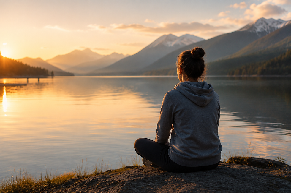 Woman in gray hoodie sits on a rock by a calm lake at sunset, facing snowcapped mountains, in a peaceful mood.