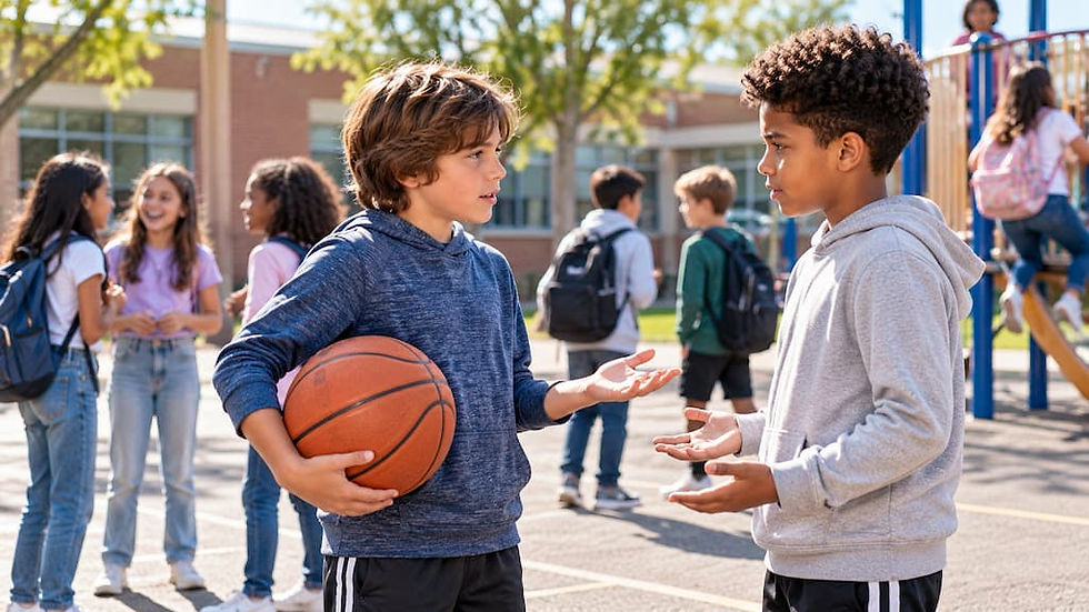 Two boys talk on a sunny school playground, one holding a basketball, with students and backpacks in the background.
