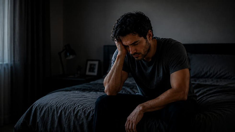 Man sits on a bed in a dim bedroom, head in hand, looking tired and troubled.
