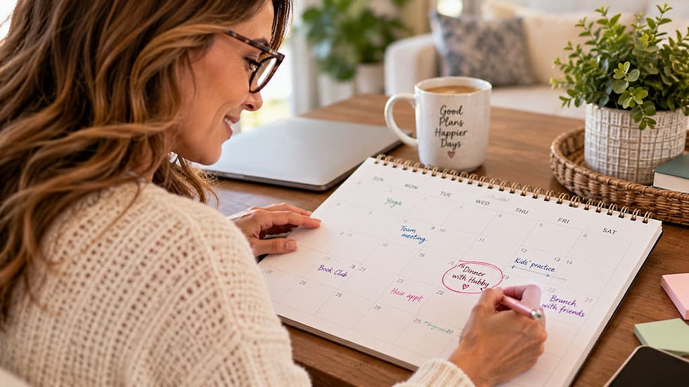 Woman in glasses writes on a monthly planner at a cozy desk; mug says Good Plans Happier Days and laptop, plants nearby.