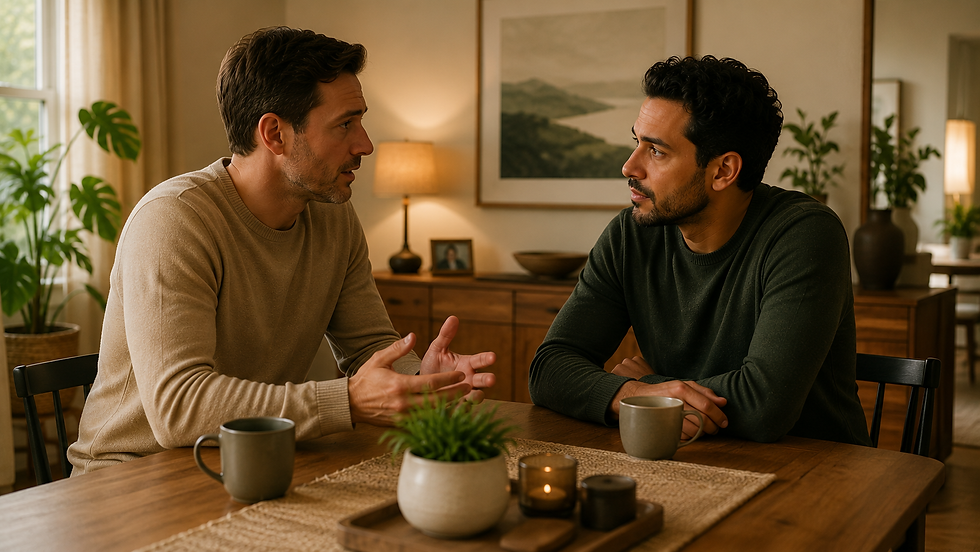 Two men talk at a wooden table in a warm living room, with mugs and plants between them, looking serious and engaged.
