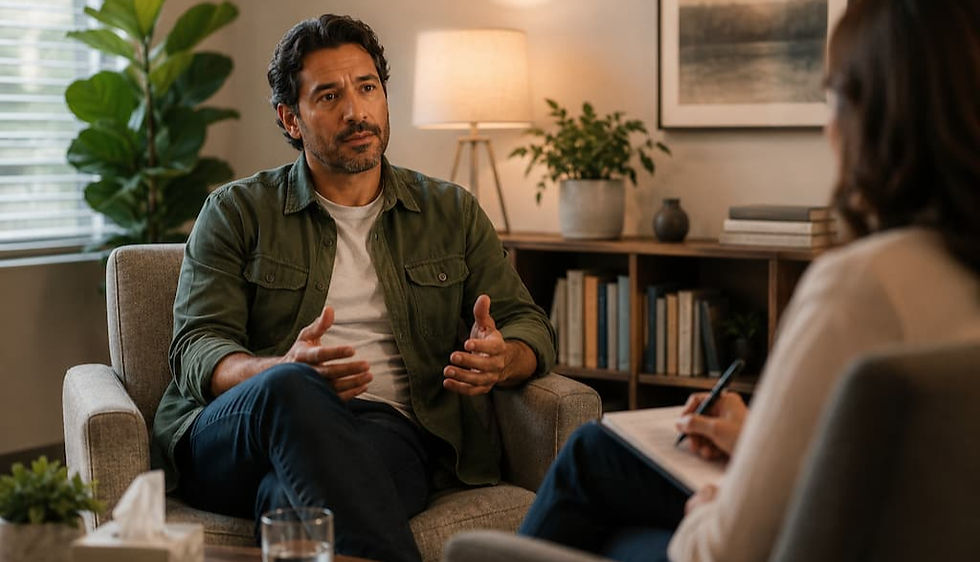 Man speaks in a cozy therapy office, gesturing from an armchair while a woman takes notes; lamp, plants, books.