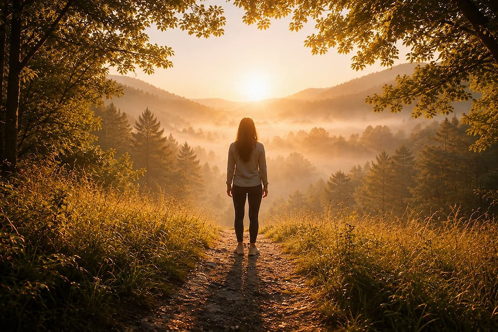 Woman stands on a forest trail at sunrise, facing a misty mountain valley glowing gold between trees and grasses.