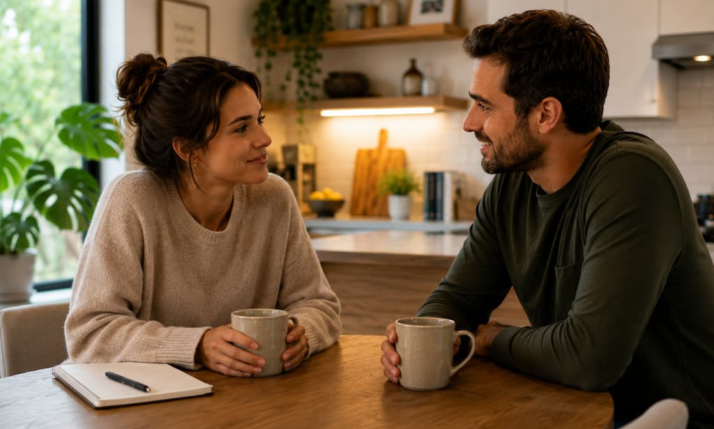 Smiling couple chat over mugs at a wooden kitchen table, with a notebook and plants in a warm, cozy kitchen.