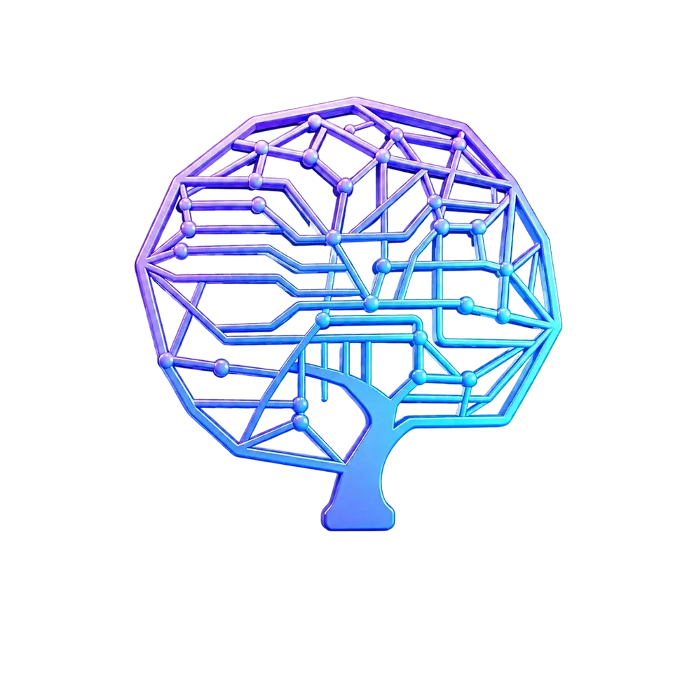 Digital 3D illustration of a tree merged with a brain, created using interconnected circuit board lines. The vibrant blue and purple neon gradient glows against a stark black background.