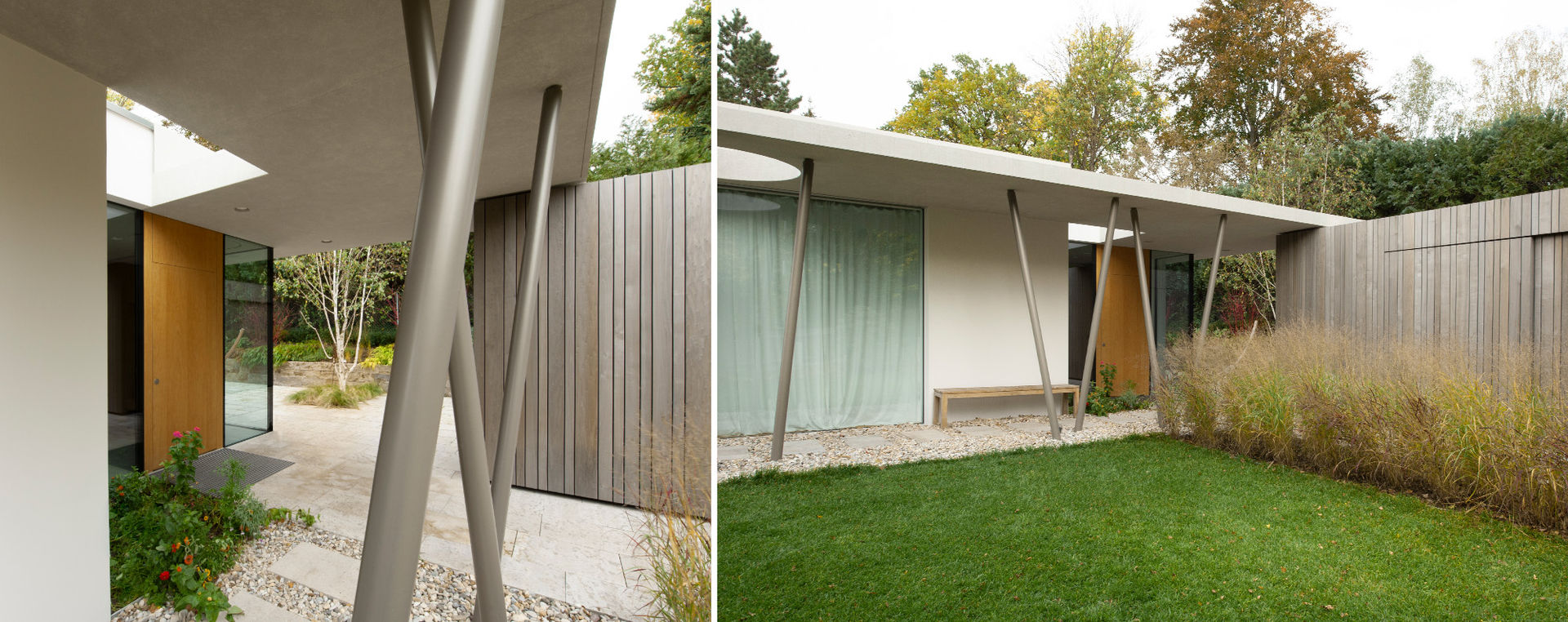 GRIMM ARCHITEKTEN BDA | rahmenlose Fenster, Verkleidung mit senkrechten Holzlamellen aus Thermoholz (Pappel), , Josko, Eingang, schräge Stützen, auskragendes Vordach, Sichtbeton, Ganzglasecke, Öffnungen in Decke