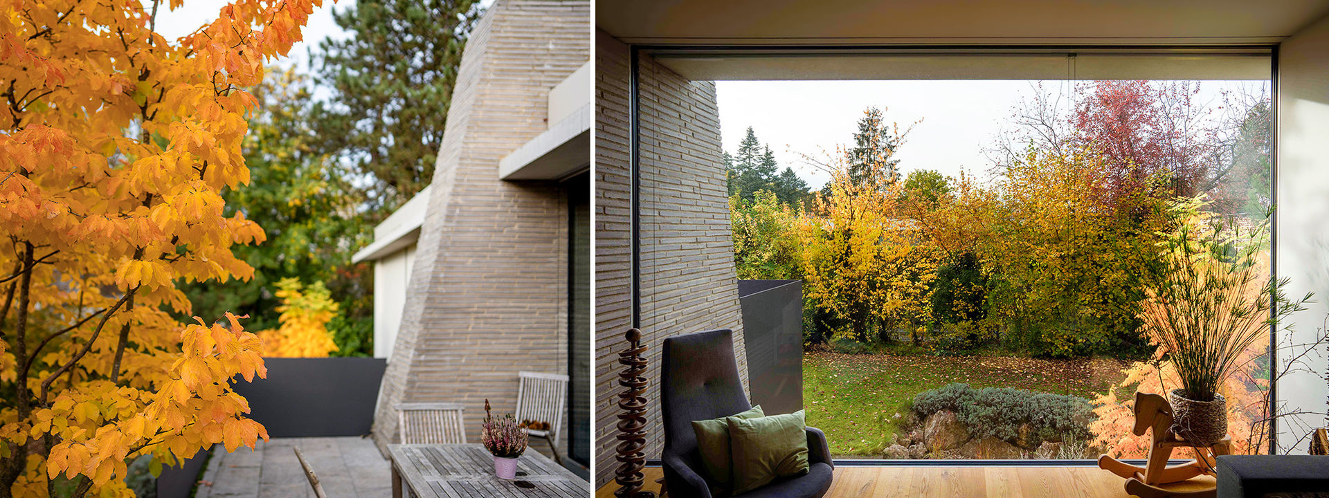 GRIMM ARCHITEKTEN BDA | rahmenlose Fenster, Sichtbeton, verklickerter Kamin, Panoramafenster