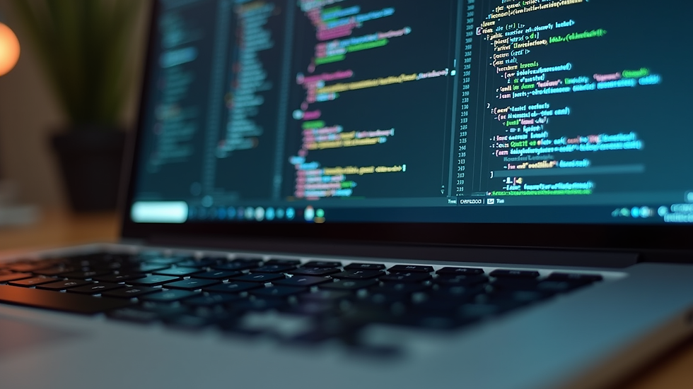 Close-up view of a laptop with coding software open on the screen