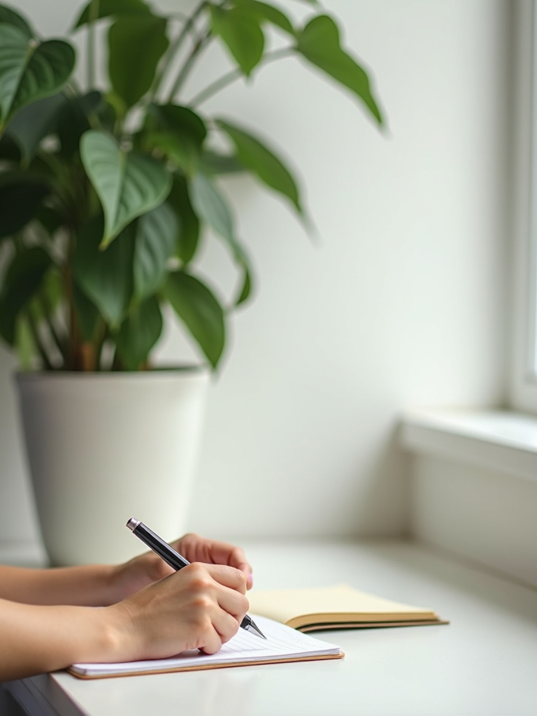 A person journaling peacefully next to a healthy green plant in a bright minimalist room.