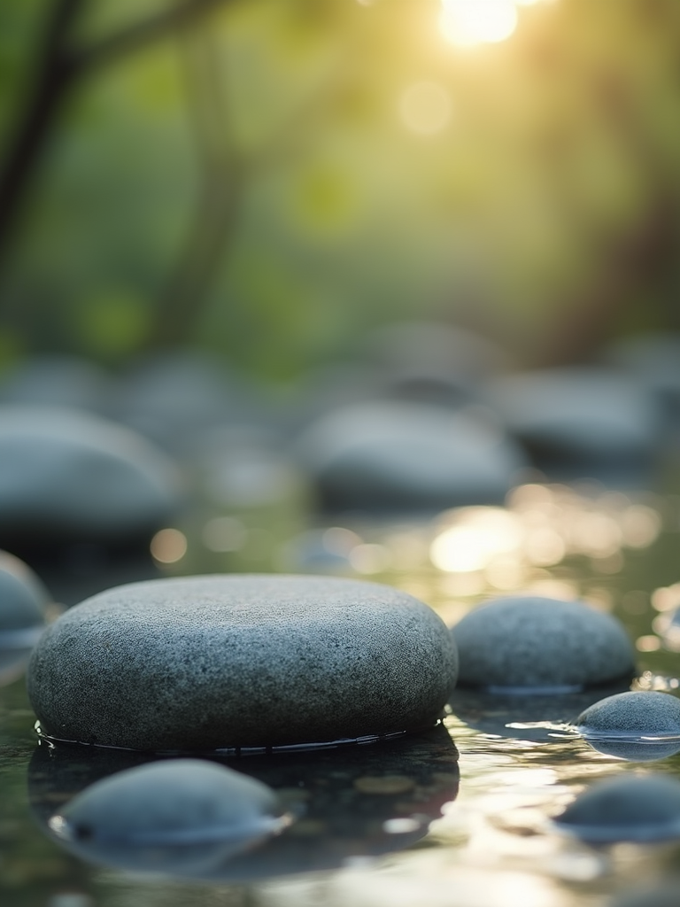 Stacked stones in a calm natural setting representing stability and emotional balance.