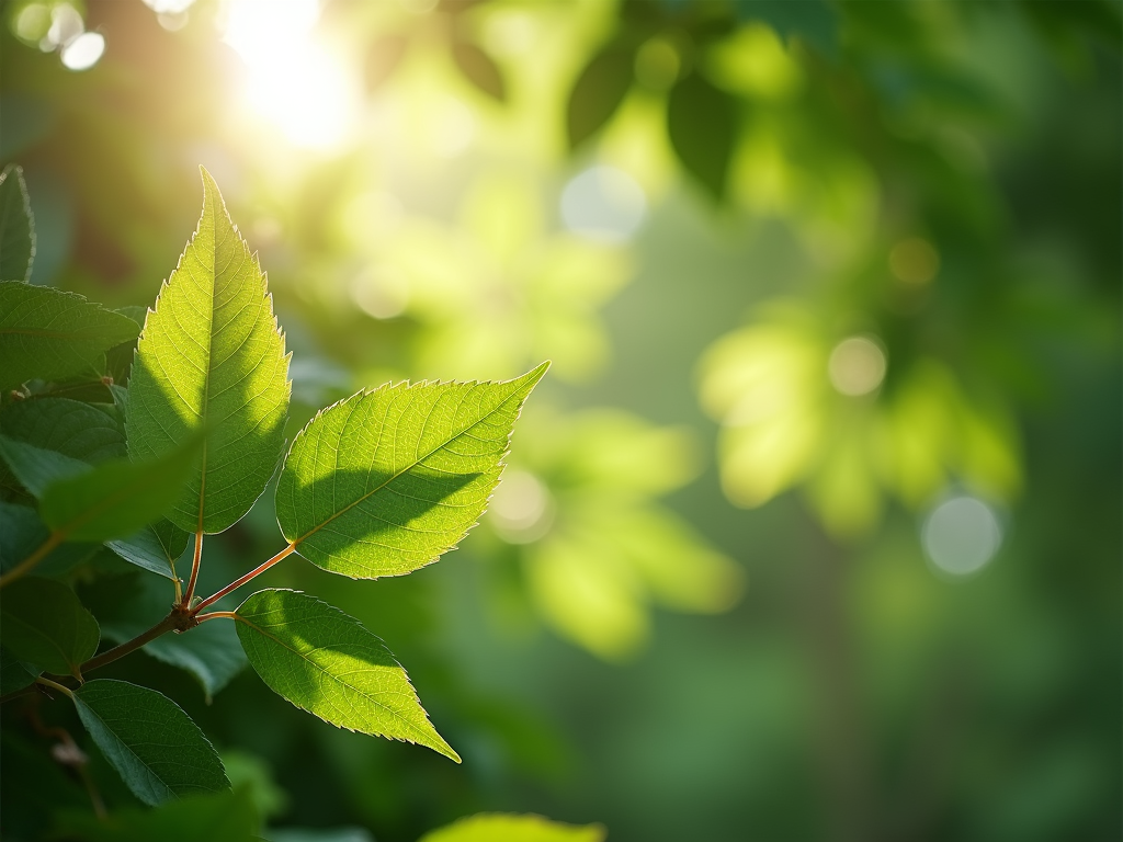 Soft morning sunlight filtering through vibrant green forest leaves for a serene summer feel.