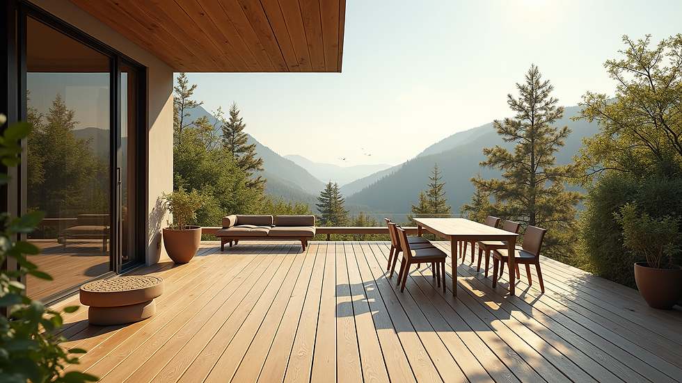 Wide angle view of a spacious wooden deck with outdoor furniture