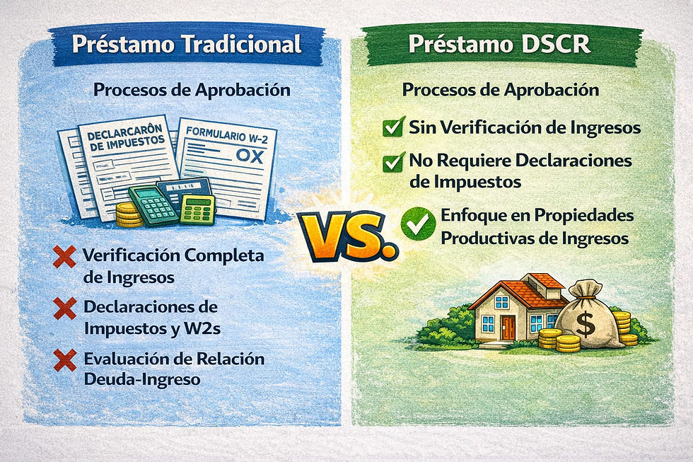 Infografía comparativa mostrando requisitos de hipoteca tradicional (W2s, declaraciones de impuestos, verificación de empleo) versus requisitos de préstamo DSCR (ingreso de alquiler, flujo de efectivo de propiedad, ratio de cobertura)
