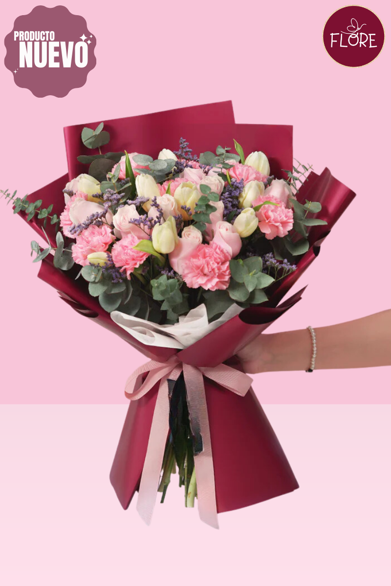 Tulipanes, claveles y rosas
