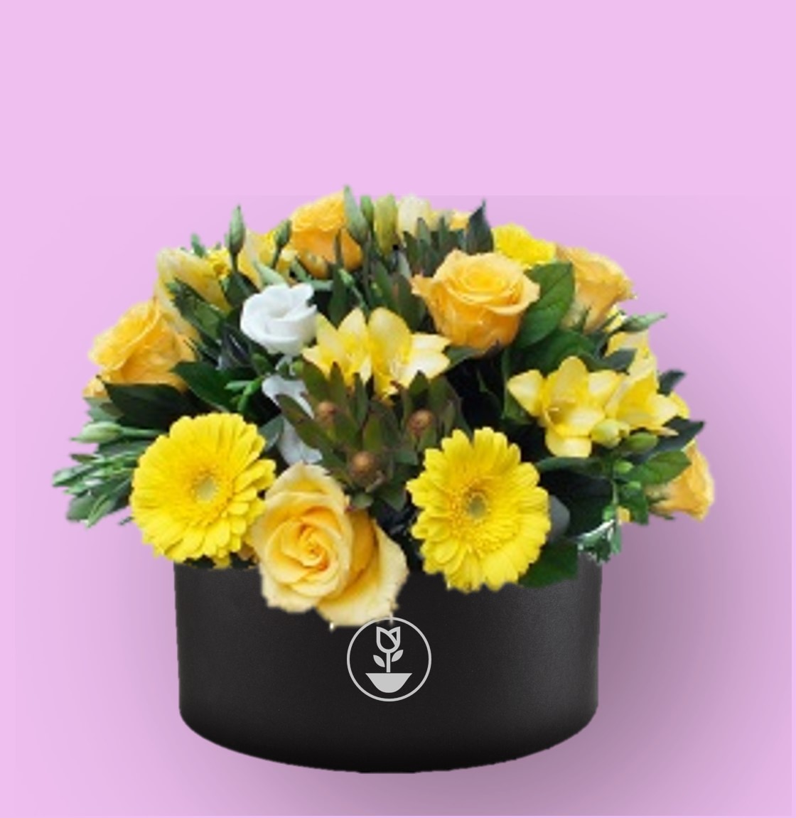 Rosas y gerberas amarillas en caja