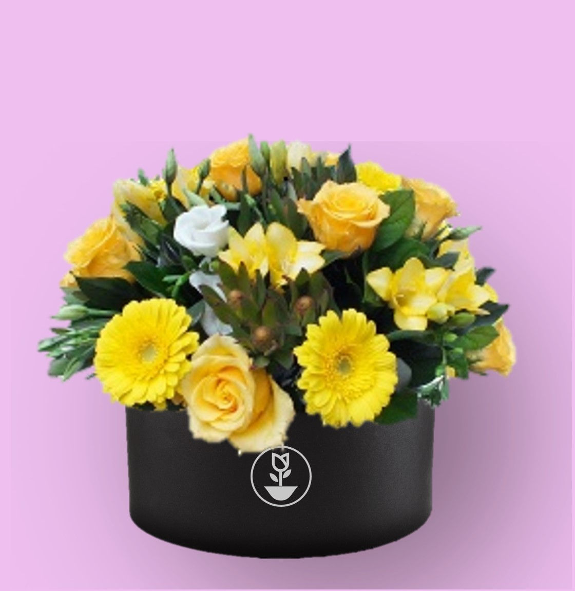 Rosas y gerberas amarillas en caja