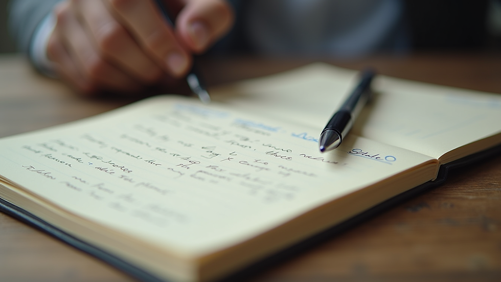 Close-up view of a journal with handwritten notes and a pen