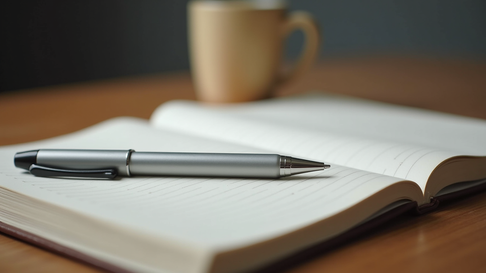 Close-up view of a book and a notebook with a pen on a wooden table