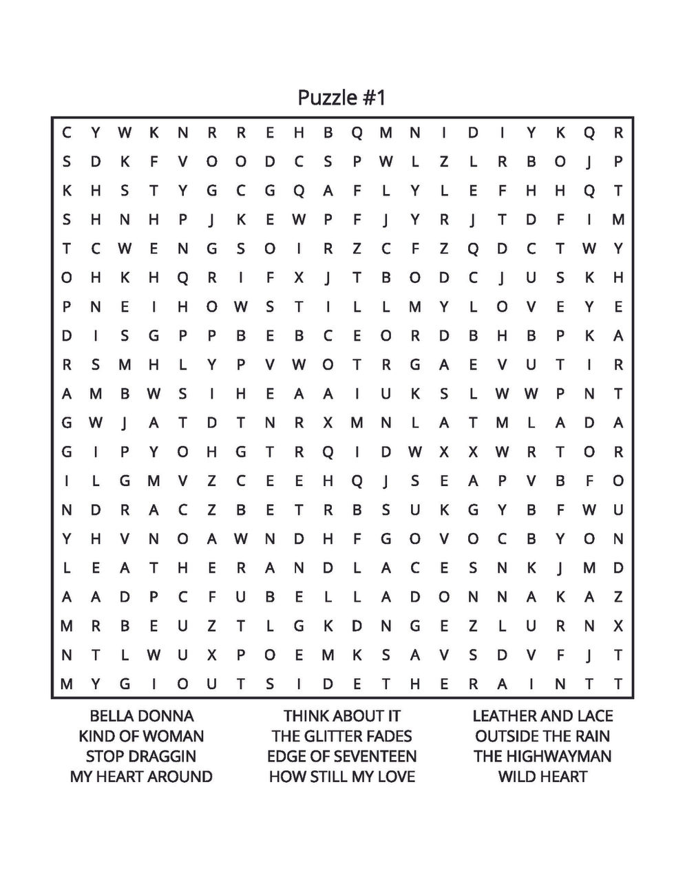 STEVIE NICKS WORD SEARCH PAGE