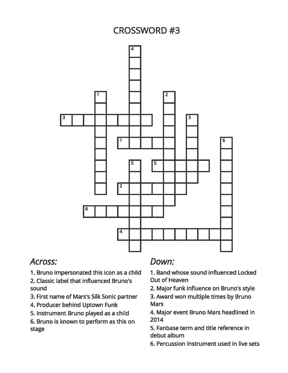 BRUNO MARS TRIVIA PUZZLE PAGE