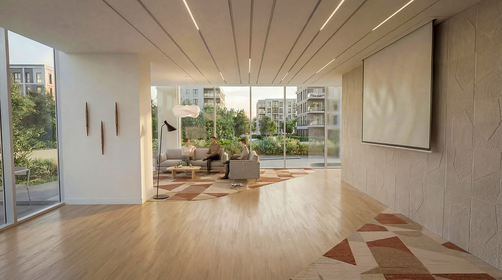 הדמיה של חדר דיירים רב שימושי בבניין מגורים עם אזור ישיבה, מסך, פתיחות לחוץ ואווירה ביתית