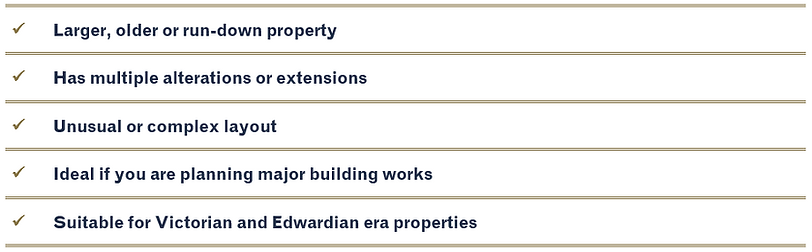 List of guidance detailing which property is suited for a level 3 survey with blue text and gold highlights.