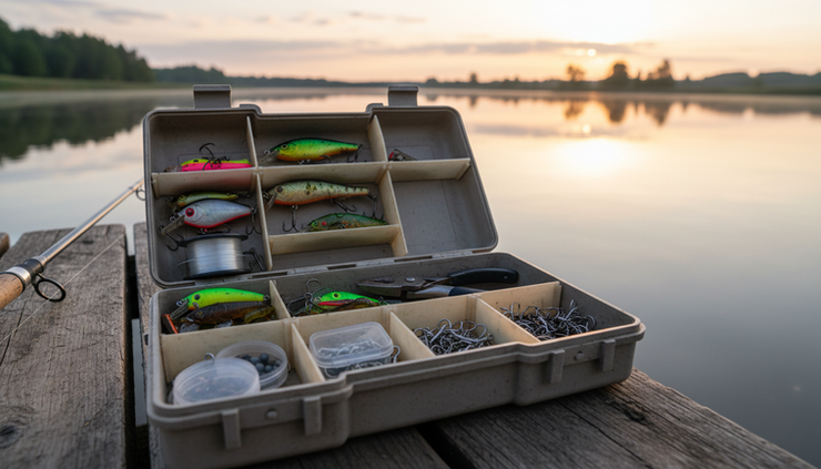 Wide-angle view of a stocked fishing tackle box beside a freshwater lake.
