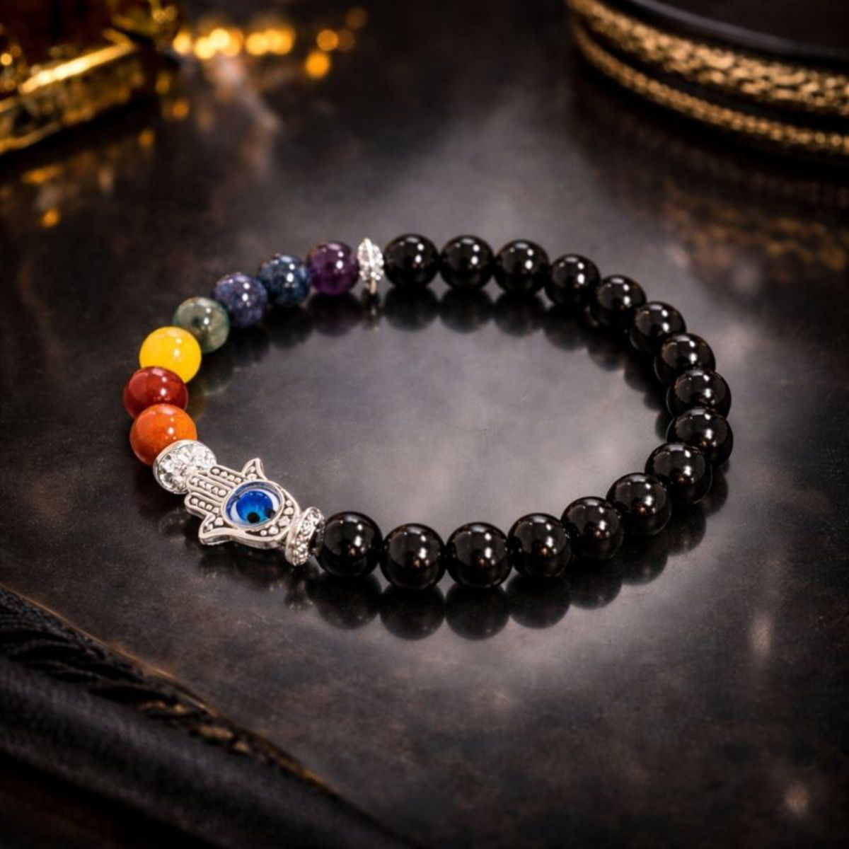 Chakra balance crystal bracelet worn to represent harmony and alignment of personal energy centers.
