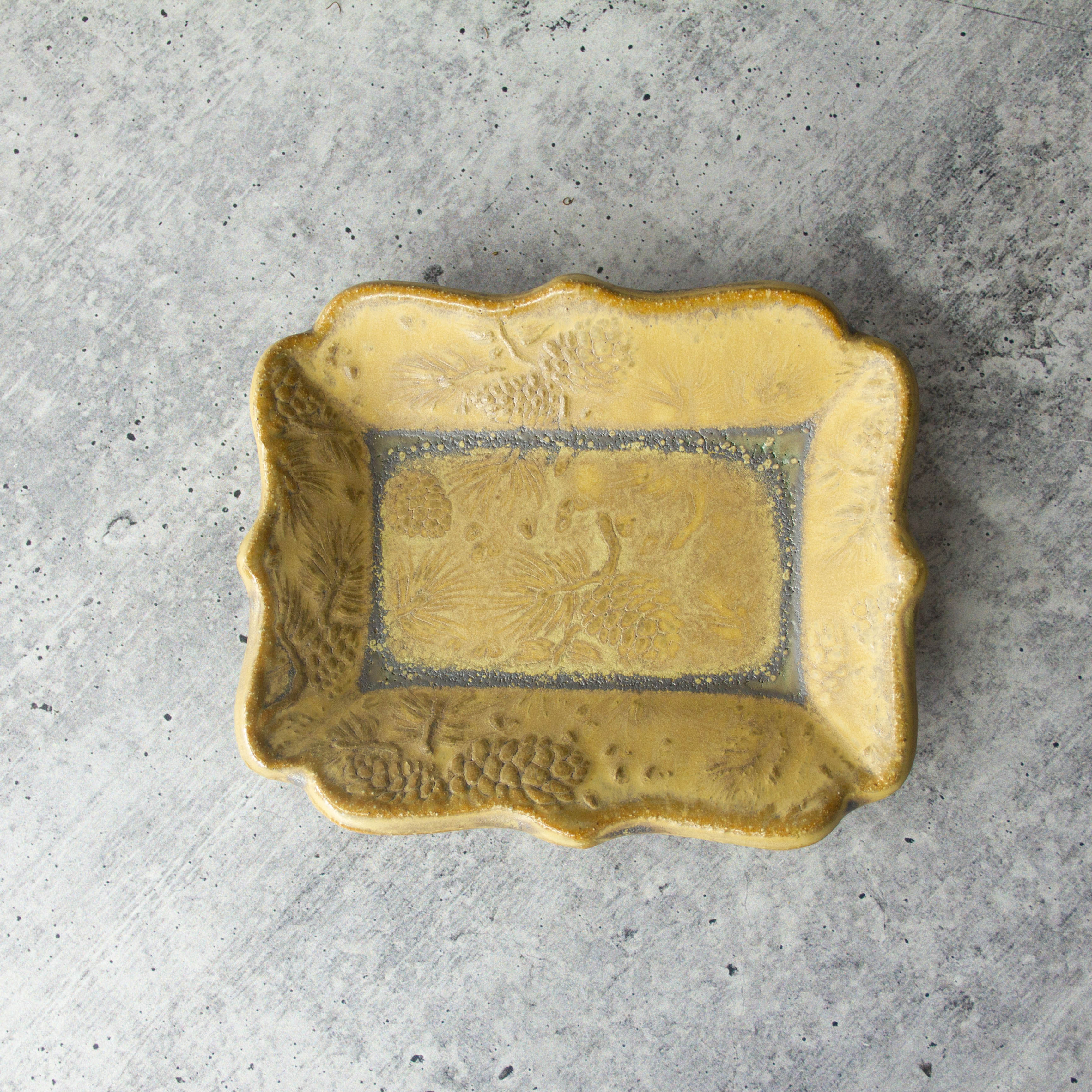 rectangular pottery soap dish with embossed pinecone design