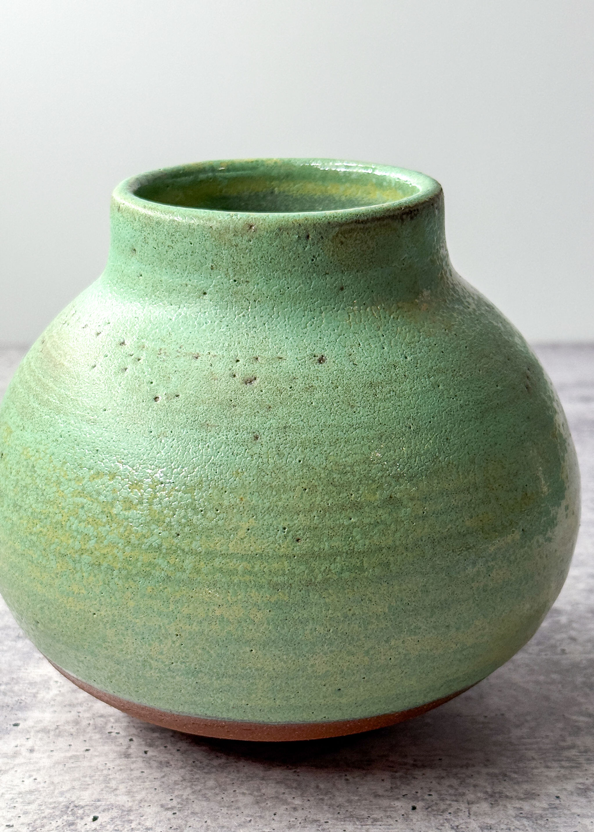 Mottled Green Handmade Pottery Orb Jar Small Round Vessel Vase