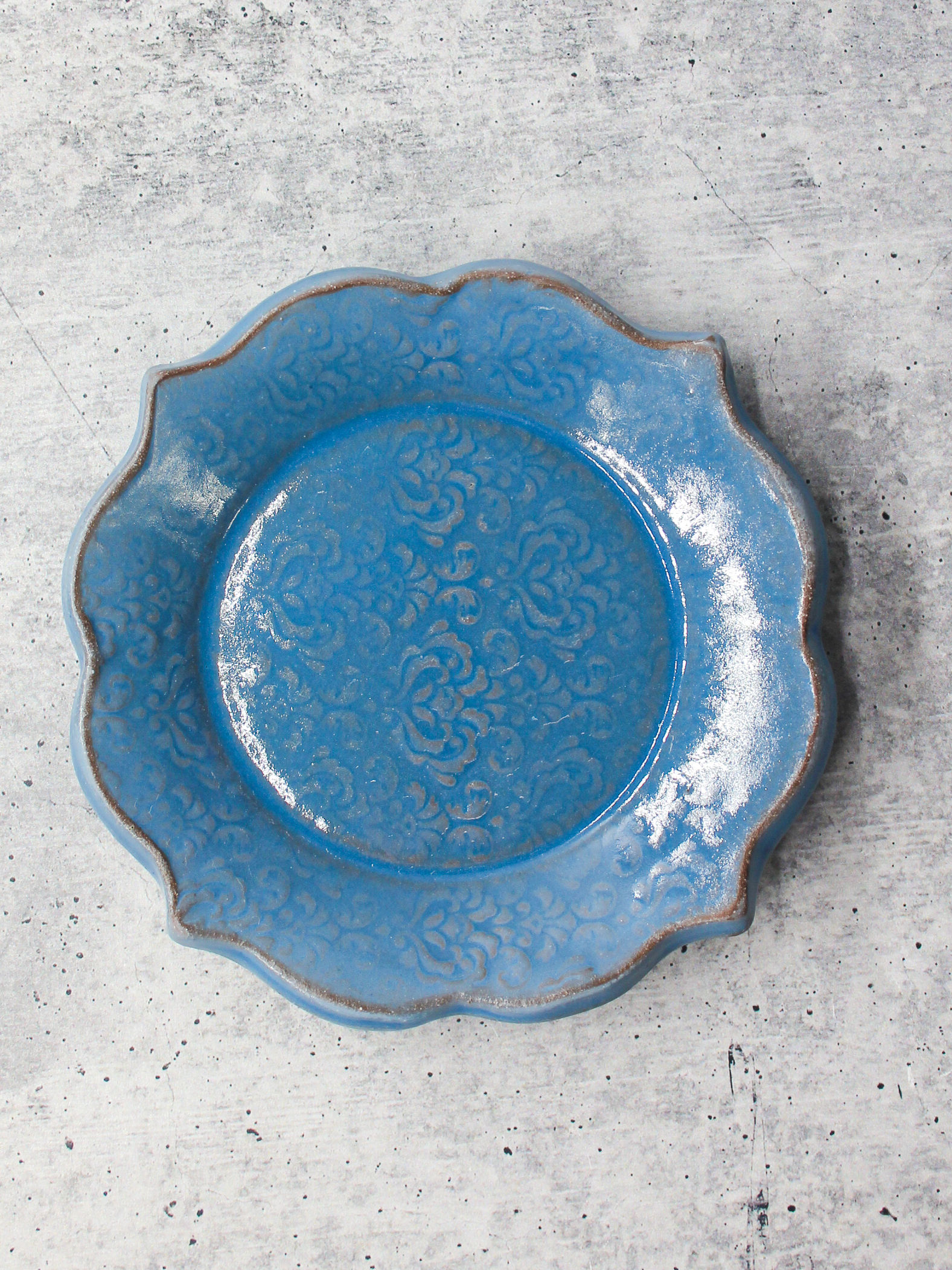 Handmade Ceramic Saucer, Damask Texture Snack Plate, Trinket Jewelry Dish