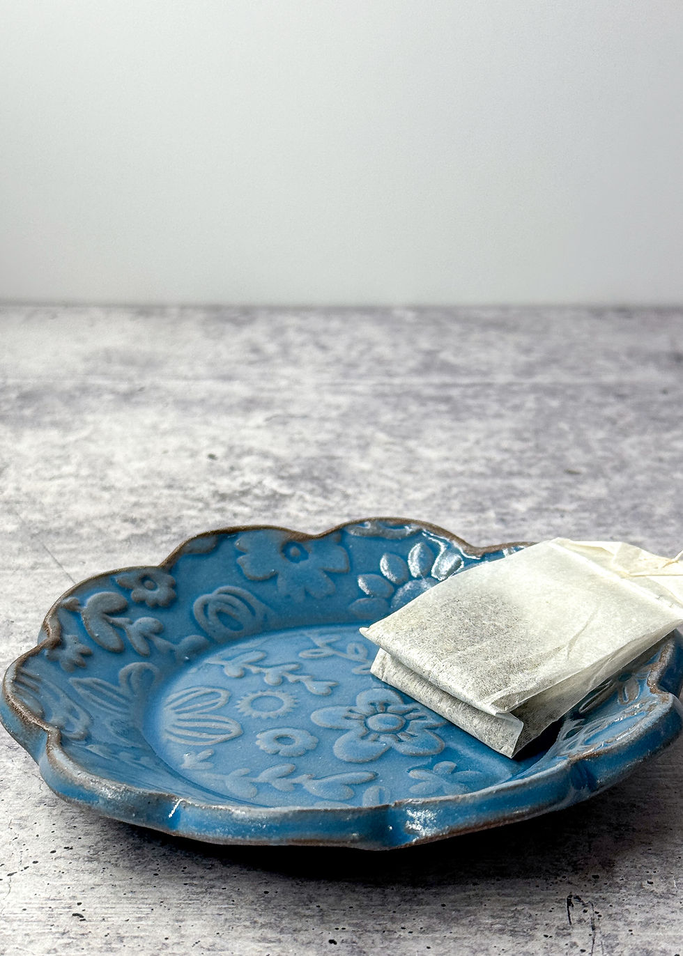 Thumbnail: Handmade Ceramic Saucer, Flower Texture Snack Plate, Trinket Jewelry Dish