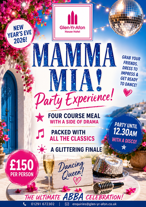 New Year's Eve Mamma Mia Party Experience at Glen-yr-Afon House Hotel in Usk
