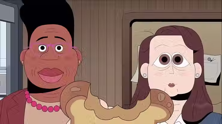 Imagem de uma animação do rosto de duas mulheres com um pedaço de pão a sua frente.