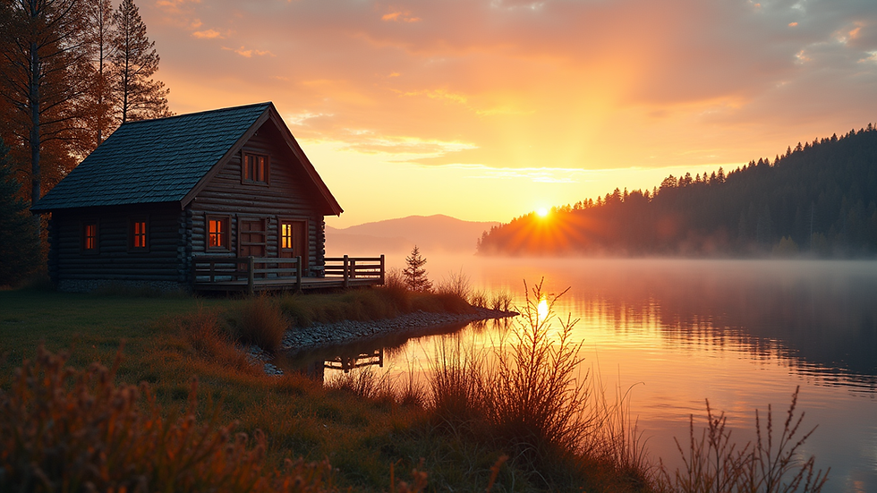 Eye-level view of a rustic cabin overlooking a calm lake at sunset