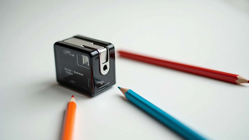 Eye-level view of a pencil sharpener and mechanical pencils on a white surface