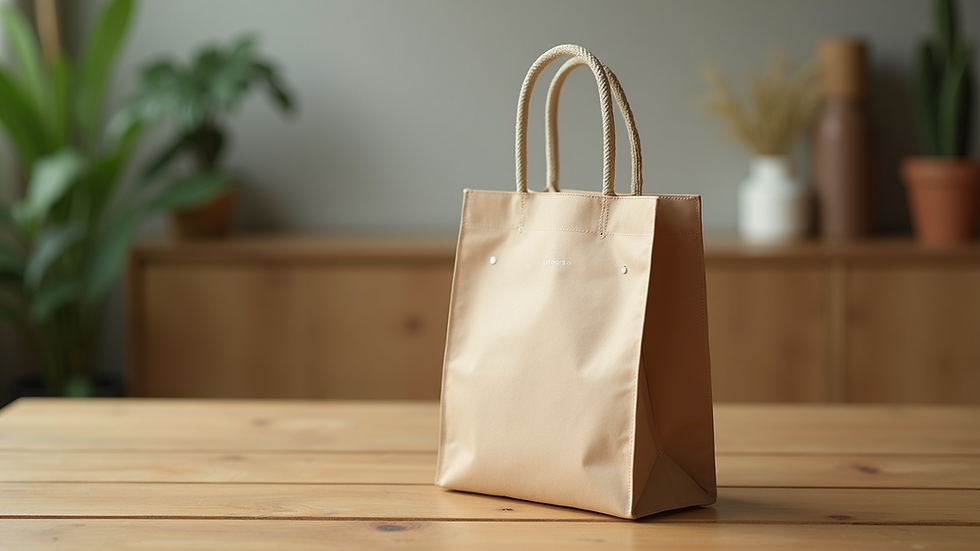 Close-up view of a branded eco-friendly tote bag on a wooden table