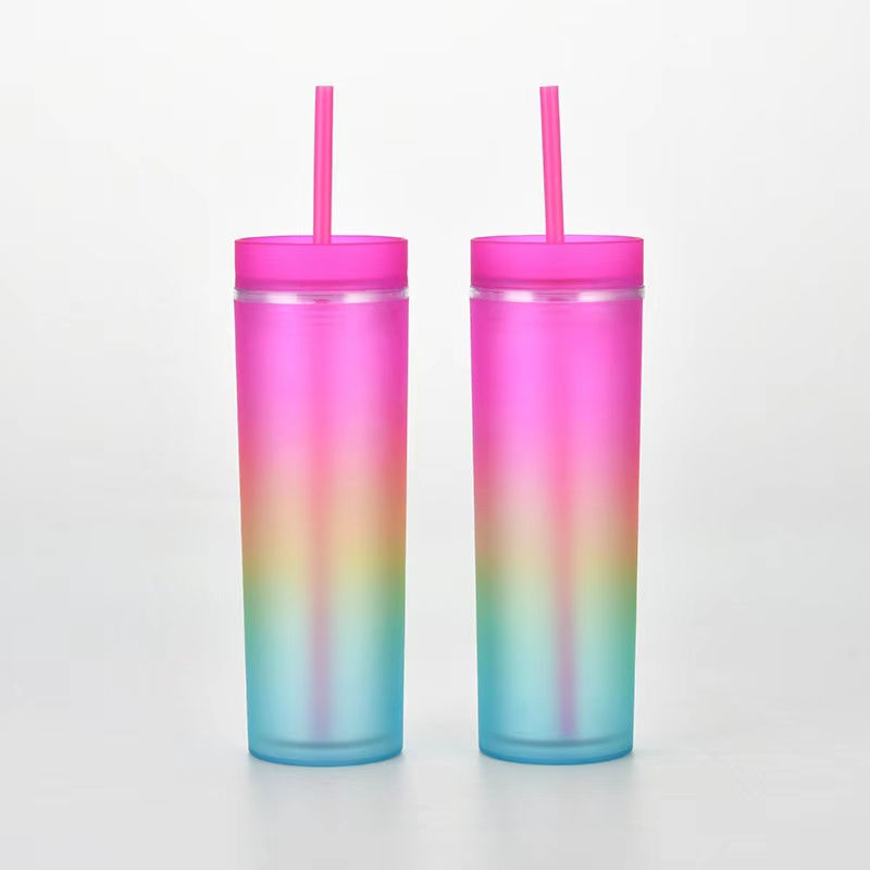Miniatura: 24PZAS VASO DOBLE CAPA CON POPOTE SKINNY "ARCOIRIS"