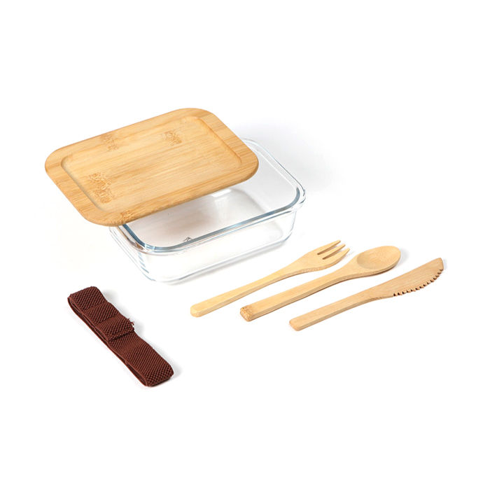Miniatura: CONTENEDOR DE ALIMENTOS DE BAMBOO Y VIDRIO CON CUBIERTOS