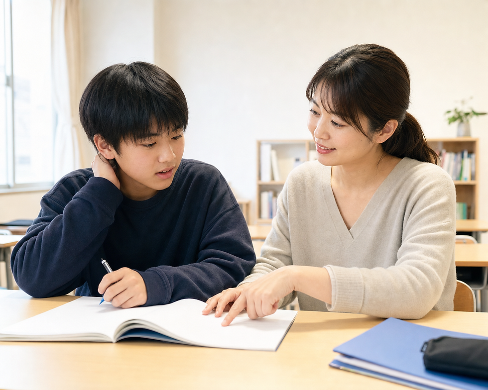熊取の個別指導塾で学校ワークを見直す日本人中学生と女性講師